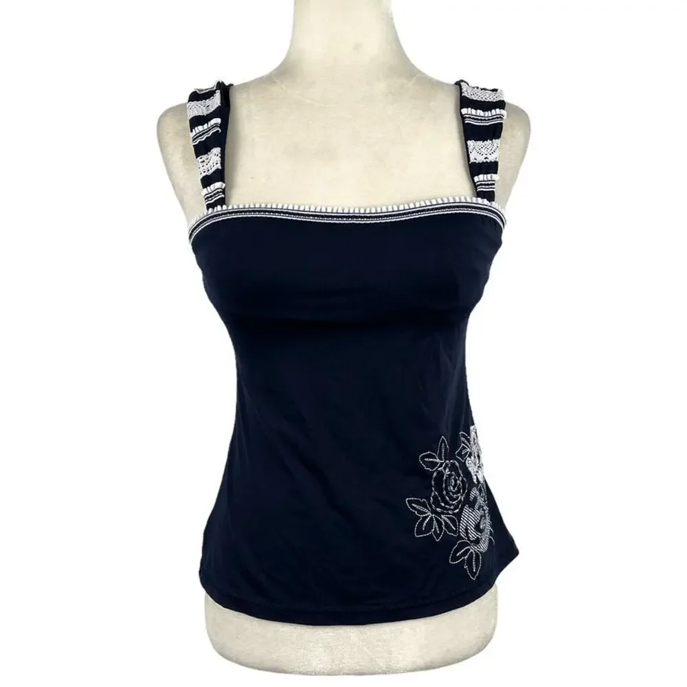 Becca Women's Size Small Floral Embroidered Crochet Strap Navy Tankini Swim Top